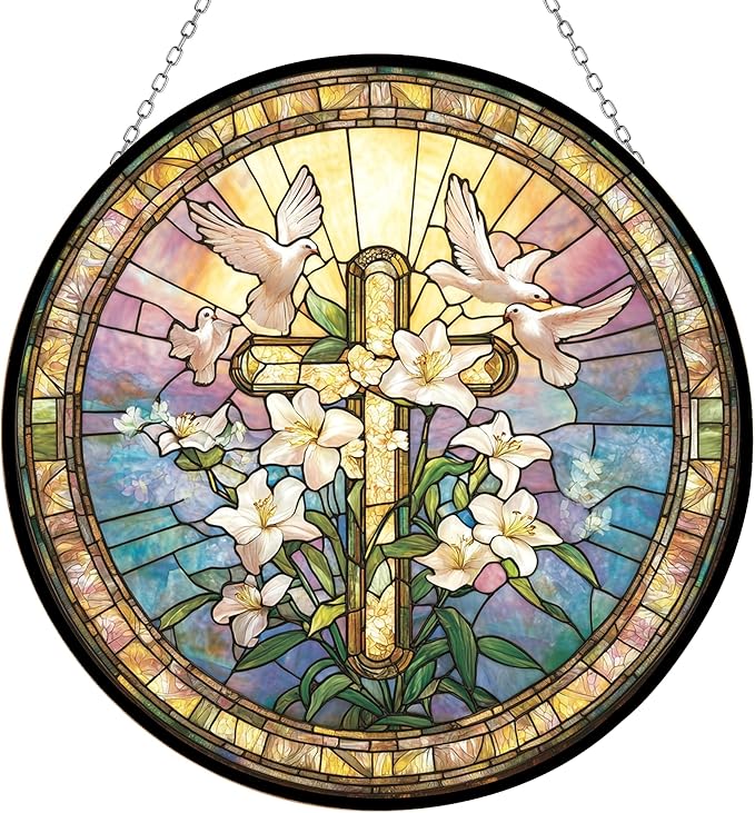 Easter Cross Stained Glass Suncatcher Window Hanging, Gothic Dragon Christmas Ornaments for Fiction Lovers, Dinosaur Room Decor for Nursery New Home Gifts