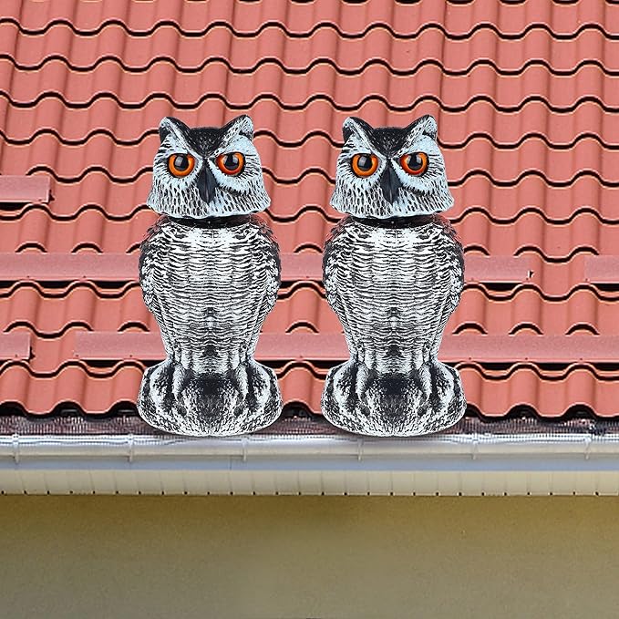 Hausse 2 Pack Fake Owl Decoy Bird Scarecrow Sculpture, Rotating Head Plastic Owl Bird Deterrents, Nature Enemy Horned Pest Repellent for Outdoor Garden Yard
