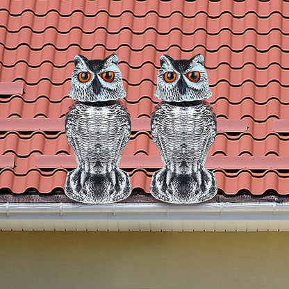 Hausse 2 Pack Fake Owl Decoy Bird Scarecrow Sculpture, Rotating Head Plastic Owl Bird Deterrents, Nature Enemy Horned Pest Repellent for Outdoor Garden Yard