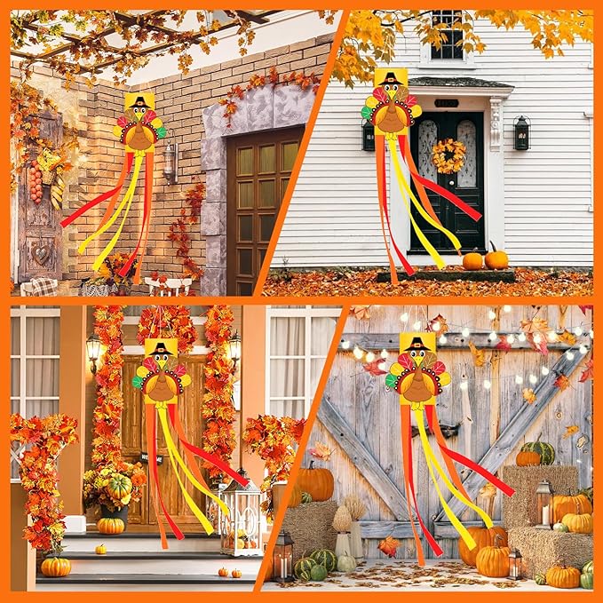 40 Inches Thanksgiving Turkey Windsock Decoration, Hanging Outdoor Fall Decor with Pilgrim Hat and Colorful Streamers, Festive Harvest-Themed Wind Sock Ornament for Garden, Patio, and Yard