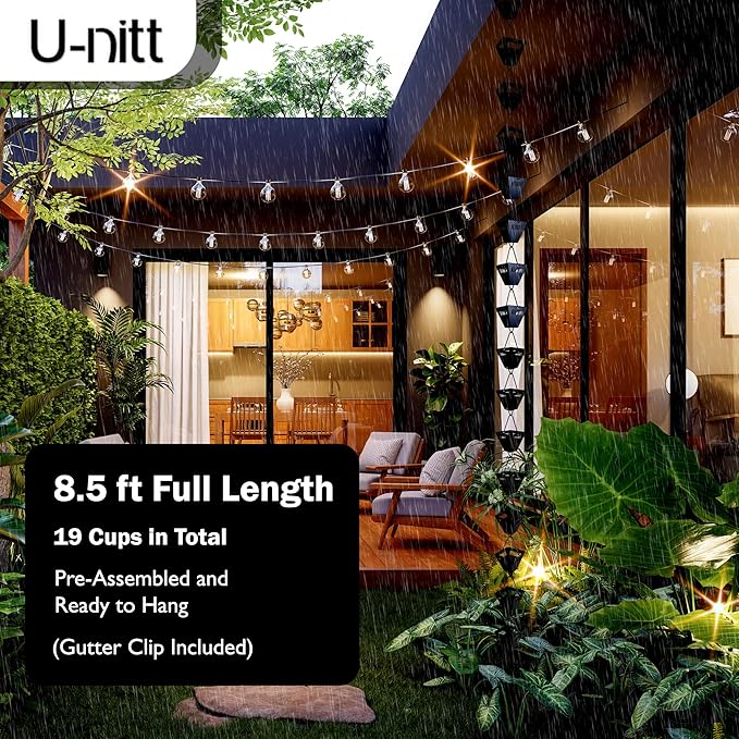 U-nitt Rain Chain Water Collection for Gutters Rainwater Catcher & Diverter, 8.5 FT Chains for Outside Garden, Black Square Cups, Roof Downspout, Works with Heavy Rain, w/ Gutter Clip for Rainchains