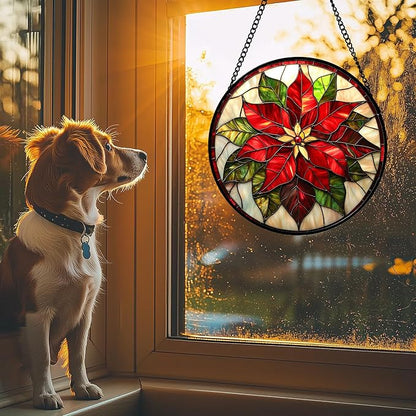 Stained Glass Window Hanging - Red Poinsettia Birth Flowers Suncatcher for Door Garden Yard Sun Catchers Decor Christmas Mother's Day Birthday Gifts for Women Mom Nana Teacher Friend 7.8 in