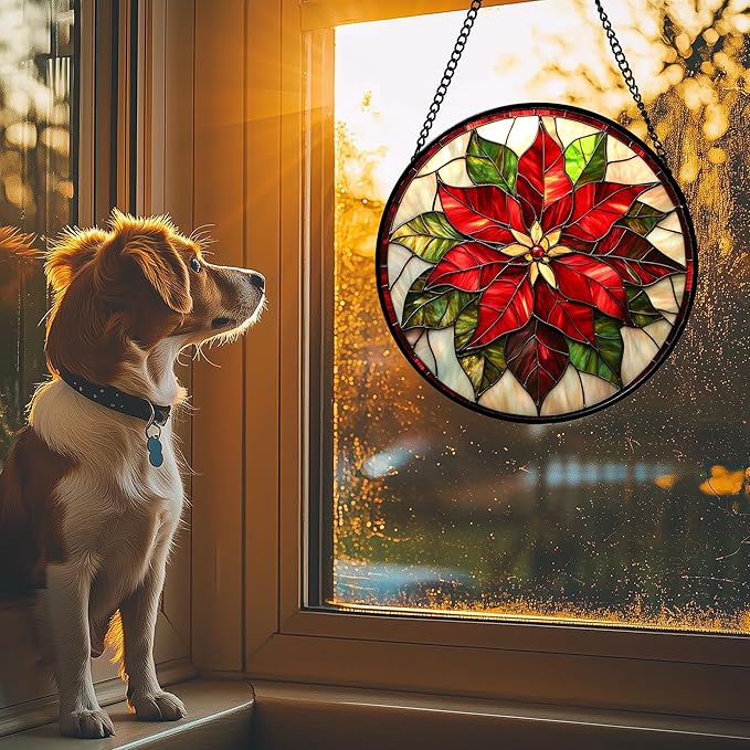 Stained Glass Window Hanging - Red Poinsettia Birth Flowers Suncatcher for Door Garden Yard Sun Catchers Decor Christmas Mother's Day Birthday Gifts for Women Mom Nana Teacher Friend 9.8 in