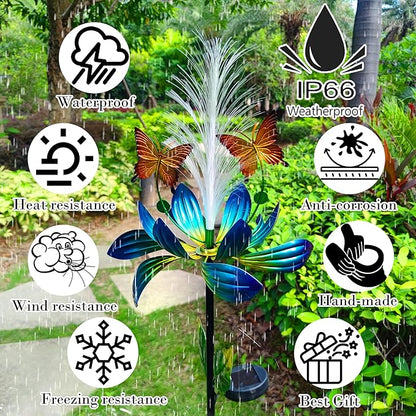Solar Garden Wind Spinner, Blue Metal Lotus Flower with LED Lights, Butterfly Decorative Stake for Yard, Patio, Lawn