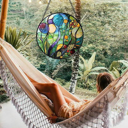 Stained Glass Window Hanging Blue Ocean Water Plants Flower Large 15" - Suncatcher Door Garden Sun Catcher Home Decor Birthday Christmas for Mom Men Woman Nana Friend