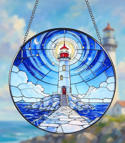 Stained Glass Window Hanging Suncatchers with American White a Serene Lighthouse 12.6", Vibrant Glass Panel with Metal Chain for Home Decor Gift for Women Mother's Day, Birthday, Men, and Mom