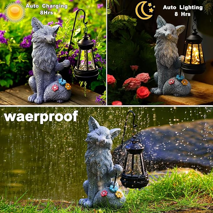 Fox Statue for Garden Decor, Garden Statue with Solar Power Light for Outdoor Patio Porch Lawn Yard Backyard Oudside Indoor Shelf Decoration,Praying Fox Sculptures Gifts for Mom Grandma