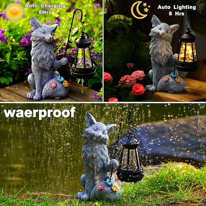 Fox Statue for Garden Decor, Garden Statue with Solar Power Light for Outdoor Patio Porch Lawn Yard Backyard Oudside Indoor Shelf Decoration,Praying Fox Sculptures Gifts for Mom Grandma
