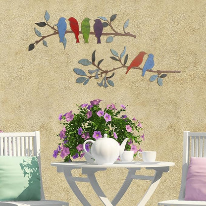 Demissle 2 Pcs Metal Birds Wall Art Decor Vivid Birds on Branch with Leaves Rustic Wall Decor Waterproof Metal Sculpture Hanging Sign for Home Balcony Garden Indoor Outdoor(Bright Colors)