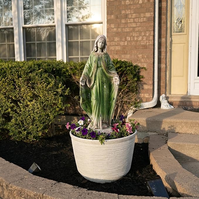 Virgin Mary Statue, 31.1'' H Outdoor Statue Garden Decor Mother Mary Statue for Patio Yard Home Hallway Entryway Magnesium Oxide Stone Large Outdoor/Indoor Decor Sculptures Gray Green