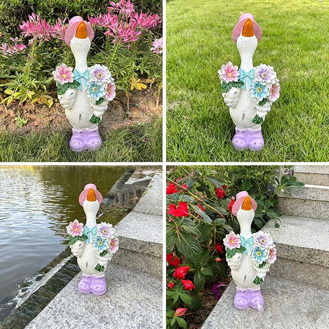 Outdoor Solar-Powered Goose Statue – Garden Goose Decor with Solar Light, Resin Solar Garden Statue Waterproof for Lawn Patio Porch Yard– Goose Figurine Gift for Mom, Grandma, Women Garden Lovers
