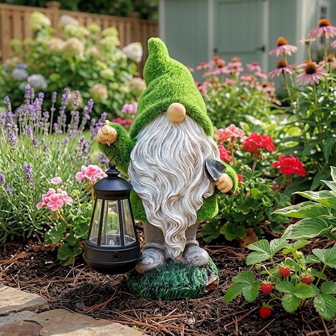 TERESA'S COLLECTIONS Christmas Outdoor Statue for Home, Resin Gnome Decorations with Solar Outdoor Lights for Garden Decor,Green Garden Sculptures & Statues for Front Patio Lawn, Gifts for Mom,12"