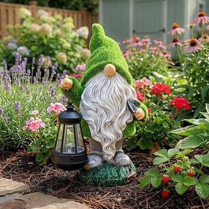 TERESA'S COLLECTIONS Christmas Outdoor Statue for Home, Resin Gnome Decorations with Solar Outdoor Lights for Garden Decor,Green Garden Sculptures & Statues for Front Patio Lawn, Gifts for Mom,12"