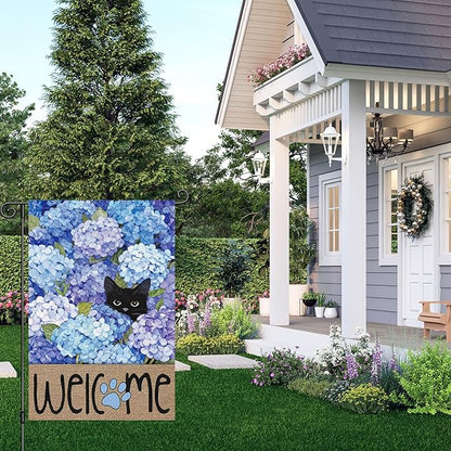 Louise Maelys Spring Summer Garden Flag Black Cat Hydrangea Flower Welcome Double Sided 12x18 Inch Floral Paw Print Seasonal Small Burlap Holiday Yard Outdoor Outside House Decor