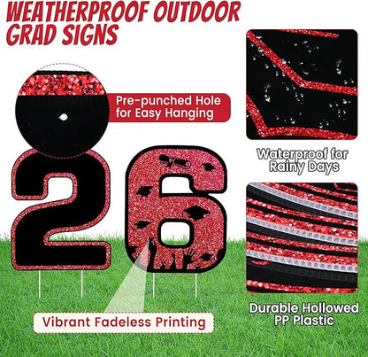 13Pcs Graduation Yard Signs Class of 2026 Large Congrats Grad Sign with Stakes & String Hanging Graduation Decorations for Indoor Outdoor Yard Lawn Porch School (Red)