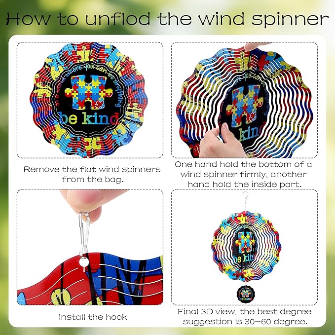 Hanging Wind Spinners Outdoor - Autism Metal 3D Wind Spinner 12 Inch Kinetic Spinning Decor for Patio Lawn Garden Indoor Balcony Stainless Steel Ornaments Art Gifts for Women Men Friends