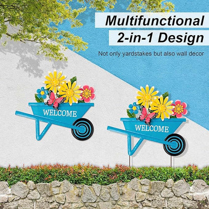 Glitzhome Metal Garden Stake Decor, Spring Yard Art Cart with Lifelike Flower or Wall Decor, Flower Barrow Stake Yard Sign Garden Decor for Outside, 30” H