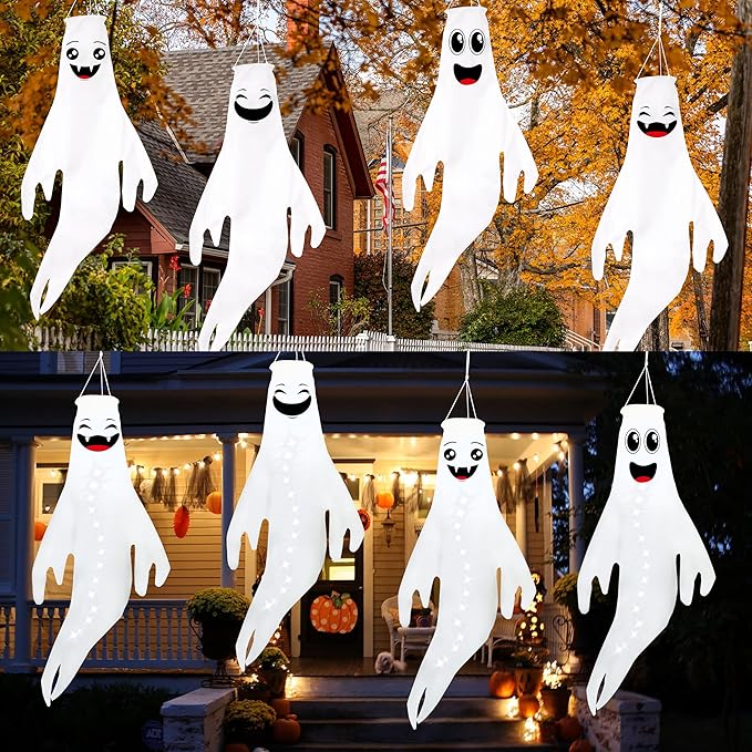 Geefuun 4PCS White Halloween Fierce Ghost Windsocks Hanging Decorations - Flag Wind Socks for Home Yard Outdoor Decor Party Supplies (Batteries Not Included,No Timer)