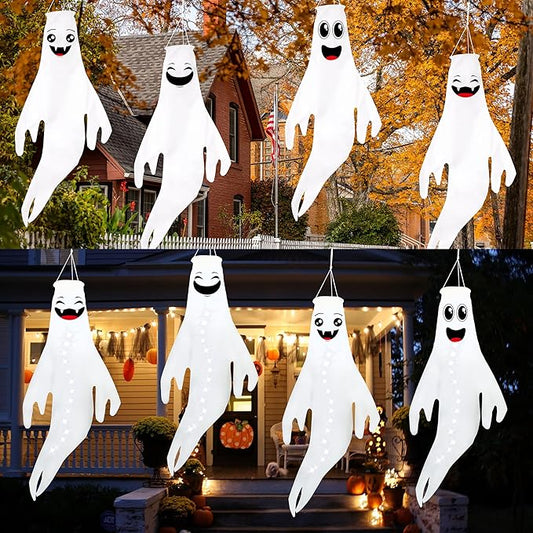 Geefuun 4PCS White Halloween Fierce Ghost Windsocks Hanging Decorations - Flag Wind Socks for Home Yard Outdoor Decor Party Supplies (Batteries Not Included,No Timer)