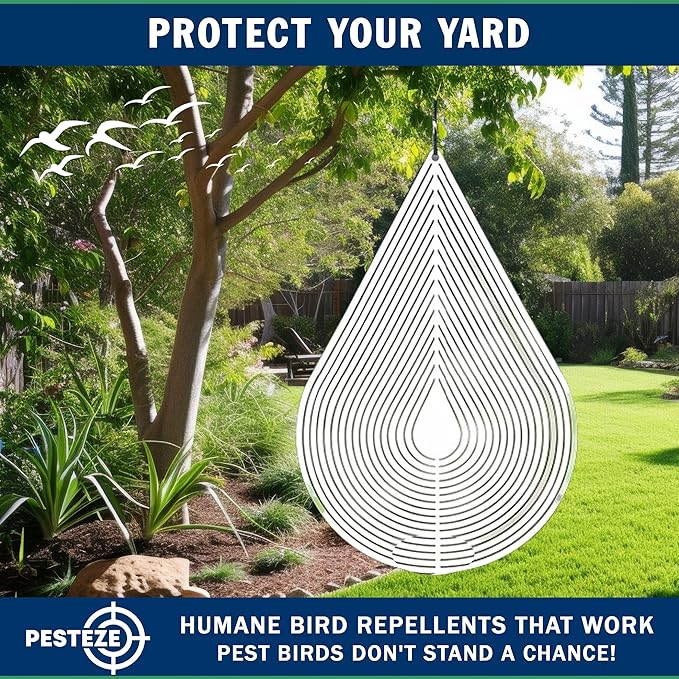 PESTEZE USA Water Droplet Wind Spinner, 4×9.25 Stainless Steel Highly Reflective Outdoor Hanging Spinner for Bird Deterrent, Garden & Yard Decor, Resistant Metal Art with 360° Wind Motion Easy Install