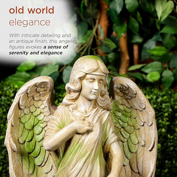 Alpine Corporation QFC105-201 Old World Angel Statue with Mossy Finish, Sentimental Garden Décor, 31" H, Tan/Moss Green