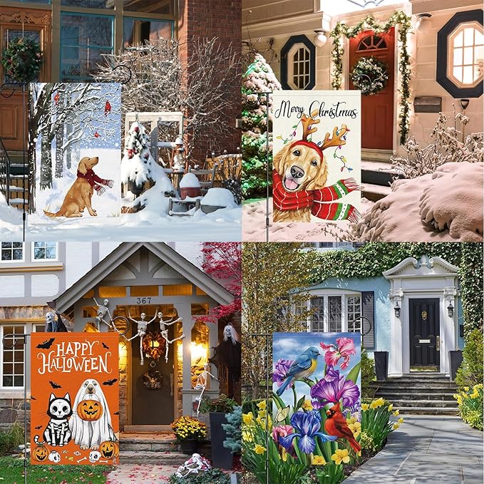 Louise Maelys All Season Holiday Garden Flag Set of 12 Seasonal 12x18 Inch Double Sided Welcome Small Burlap with Anti-Wind Clip and Stopper Spring Fall Winter Yard Decor Outdoor Outside House Sign