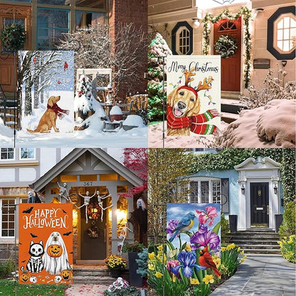 Louise Maelys All Season Holiday Garden Flag Set of 12 Seasonal 12x18 Inch Double Sided Welcome Small Burlap with Anti-Wind Clip and Stopper Spring Fall Winter Yard Decor Outdoor Outside House Sign