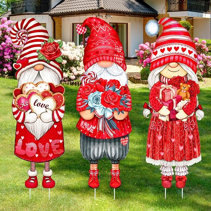 Umigy 3 Pcs Valentine's Day Yard Sign Gnome Outdoor Decorations with Stakes Valentine Red Heart Rose Gnome Lawn Sign Sweet Yard Decor Lawn Decor for Home Wedding Anniversary Pathway Walkway