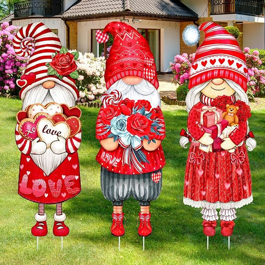 Umigy 3 Pcs Valentine's Day Yard Sign Gnome Outdoor Decorations with Stakes Valentine Red Heart Rose Gnome Lawn Sign Sweet Yard Decor Lawn Decor for Home Wedding Anniversary Pathway Walkway