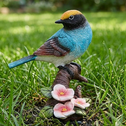 Garden Bird Statue for Outdoor Decor, Blue Bird Figurine Perched on Branch with Pink Flowers for Backyard Yard Patio, Bird Decorations for Home Shelf, Mother's Day Birthday Gifts