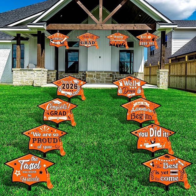 Chunful 12 Pack Graduation Yard Signs Grad Decoration 2026 Happy Graduate Lawn Garden Sign with Stake Congrats Outdoor Plastic Cap Hanging Ornament for Class Pathway Walkway Porch Party(Orange)