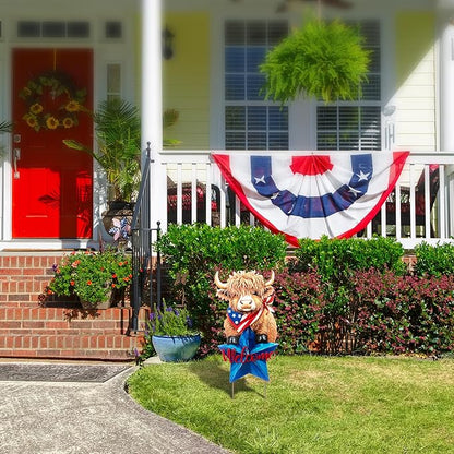 Glitzhome 4th of July Highland Cow Outdoor Decor, 30"H Patriotic Highland Cow Welcome Garden Stake or Wall Decor,Metal Calf Lovers Yard Signs for Independence Day Memorial Day Lawn Garden Decorations