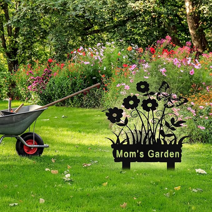 Personalized Metal Flowers Garden Signs with Stake, Custom Garden Signs for Outside Waterproof, Customized Name Sign Yard Lawn Gardens Decor Gardening Gifts for Moms Grandmas Gardeners