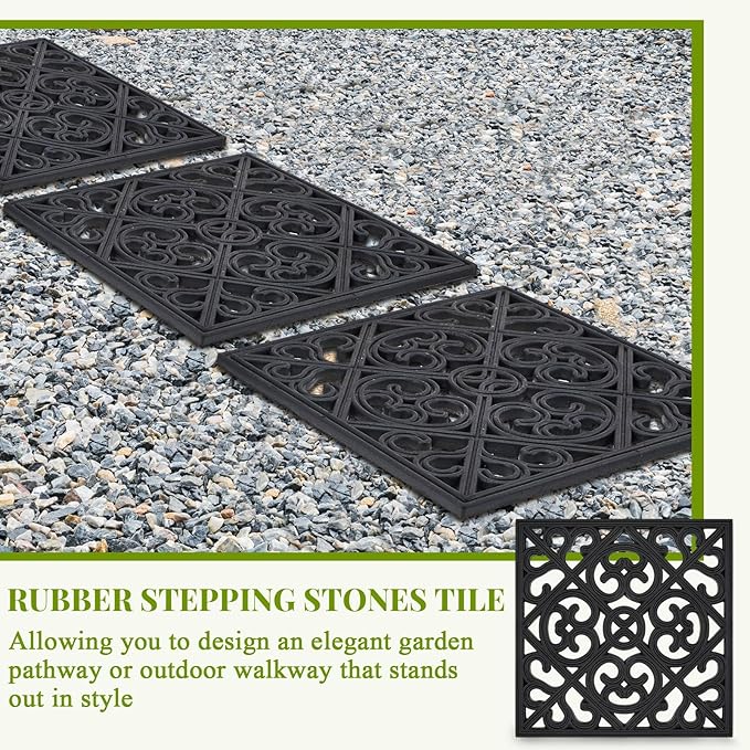 Pangda 8 Pcs Rubber Stepping Stones Outdoor Garden Walkway, 12 x 12 Inch Heavy Duty Pathway Pavers Retro Decorative Stepping Stones for Outside Landscaping Yard Lawn Path(Black,Cross Square)