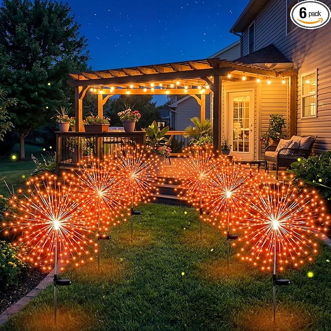 Tujoe 6 Pcs Halloween Solar Firework Stake Lights 180 LED 8 Modes Solar Waterproof LED Sparkler Lights Outdoor Decoration for Summer Fall Xmas Holiday Garden Patio Yard Pathway Walkway, Orange