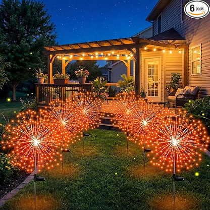 Tujoe 6 Pcs Halloween Solar Firework Stake Lights 180 LED 8 Modes Solar Waterproof LED Sparkler Lights Outdoor Decoration for Summer Fall Xmas Holiday Garden Patio Yard Pathway Walkway, Orange