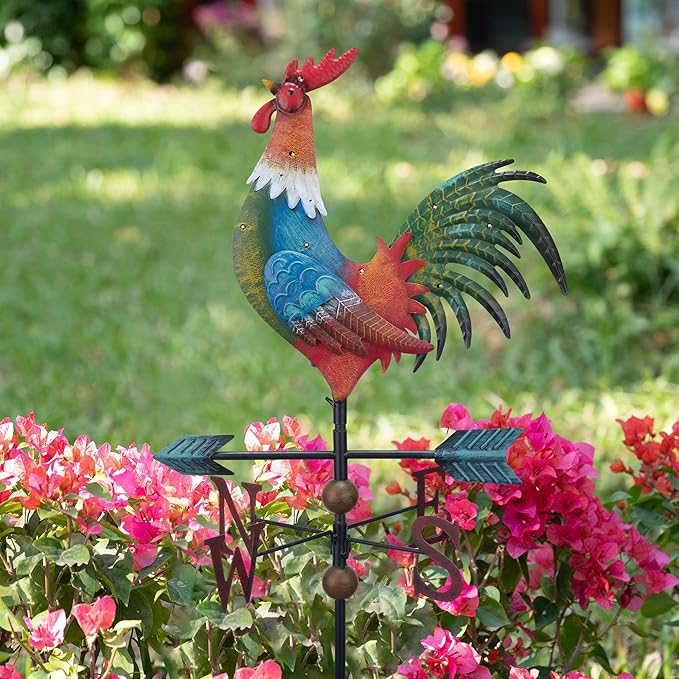 TERESA'S COLLECTIONS Garden Decor with Solar Outdoor Lights, Red Rooster Yard Art Sign for Outside, 39.4'' Metal Weathervane Decorative Garden Stake for Outdoor Decor Lawn, Gifts for Mom