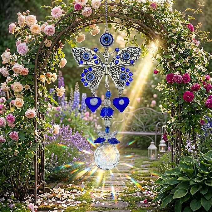 Crystal Suncatcher for Windows - Hanging Prism Sun Catchers with Crystal Balls&Blue Eye, Rainbow Maker for Home、 Garden、Car Decor (Butterfly)