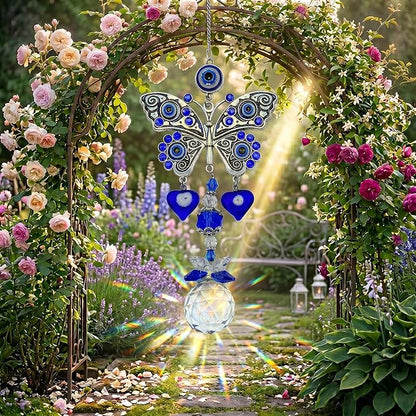 Crystal Suncatcher for Windows - Hanging Prism Sun Catchers with Crystal Balls&Blue Eye, Rainbow Maker for Home、 Garden、Car Decor (Butterfly)