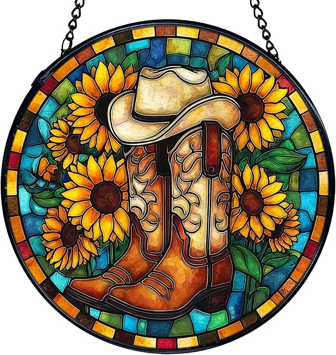 TNUW Western Sunflower Stained Glass Window Hanging, Country Western Cowboy Cowgirl Boots Suncatchers Indoor Window Glass Round Wall Art Decor, Southwestern Wall Hanging Decorations, 7.9＂x7.9＂