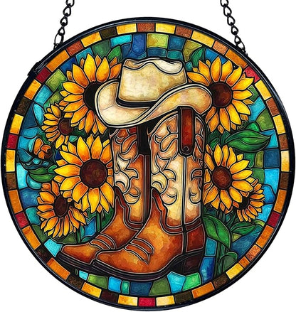 TNUW Western Sunflower Stained Glass Window Hanging, Country Western Cowboy Cowgirl Boots Suncatchers Indoor Window Glass Round Wall Art Decor, Southwestern Wall Hanging Decorations, 7.9＂x7.9＂