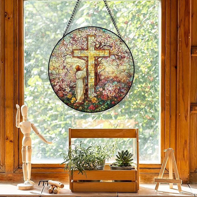Cross Flower Suncatcher Stained Glass Window Hanging, Jesus Christian Wildflower Landscape Sun Catchers Indoor Window Glass Round Wall Decor, Religious Wall Art Hanging Decorations, ＂7.8x7.8＂