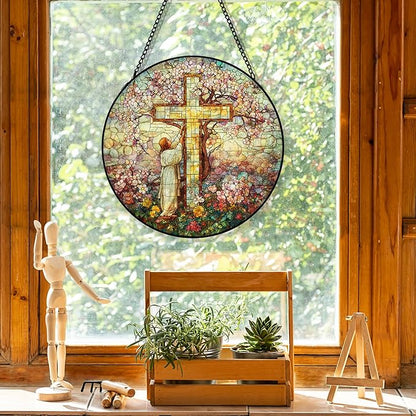 Cross Flower Suncatcher Stained Glass Window Hanging, Jesus Christian Wildflower Landscape Sun Catchers Indoor Window Glass Round Wall Decor, Religious Wall Art Hanging Decorations, ＂7.8x7.8＂