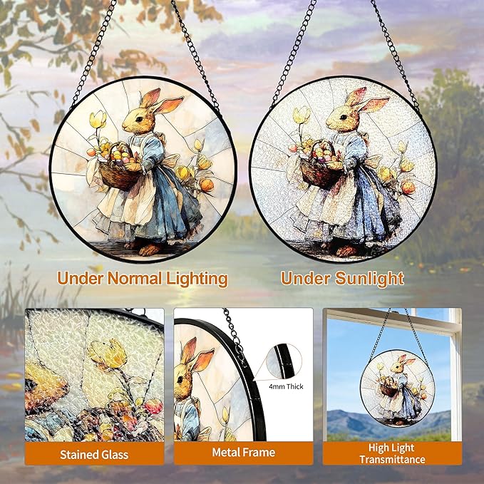 7.88'' Stained Glass Window Hanging, Colorful Egg Rabbit Sun Catchers Glass Panel Bunny Suncatcher Decor with Hook Chain for Mother's Day Birthday for Women, Men, Wife, Aunt, and Mom