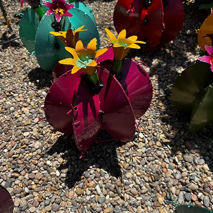 Handmade Metal Bisnaga Cactus with Flowers - Garden Art Decor (Pink)