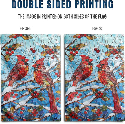 Winter Cardinal Bird Garden Flag for Outside 28x40 Stained Glass Red Birds on Snow Pine Tree Flag Christmas House Flags Large Outdoor Welcome New Years Yard Flag Double Sided