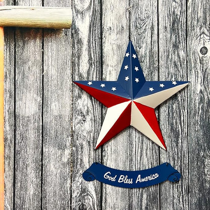 Rustic Hanging Metal American Flag Patriotic Barn Star Wall Door Yard Signs 4th of July White Blue Red Independence Day Memorial Day Decor Indoor Outdoor Stars Wreath Fourth of July Decorations