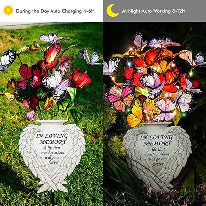 Solar Angel Wing Memorial Stake - Metal Silhouette Grave Decorations for Cemetery - Flat Outdoor Sympathy Gift with Butterfly Lights & Flowers - Bereavement Decor for Loss of Mom Dad（with Flowers))