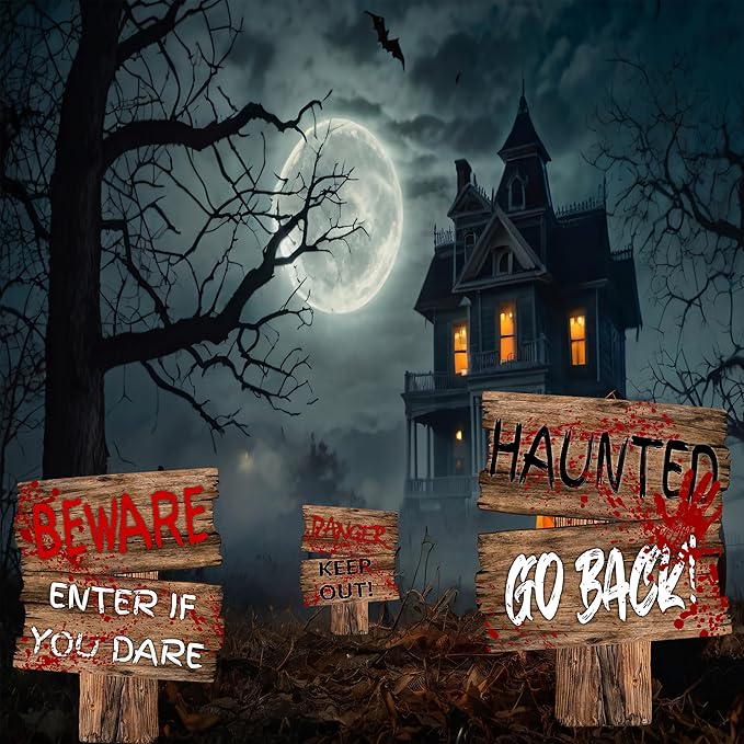 Large Beware Danger Haunted Keep Out Halloween Yard Sign Home Outdoor Lawn Decoration With Stakes Scary Spooky Decor 17x13 Inches (Haunted)