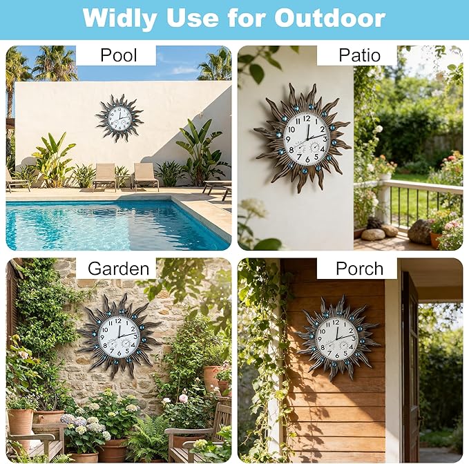 Garden Outdoor Clocks with Thermometer and Hygrometer Combo, Silent No-Ticking Outdoor Wall Clocks, Waterproof Outdoor Clocks Vintage Copper Sun, 18.5 Inch